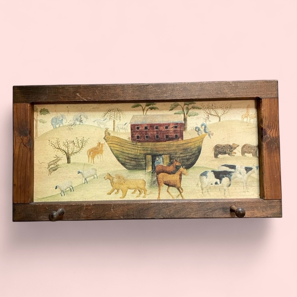 Vintage 80’s-90’s cottagecore rustic Noah’s Ark biblical wood framed hook art
